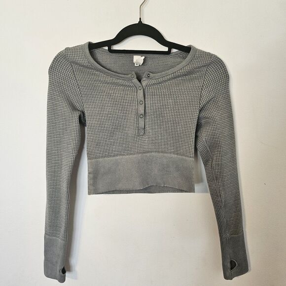 OFFLINE by AERIE Shirt Womens Xs Green Cropped Waffle Henley Snap Long Sleeve - Picture 1 of 9